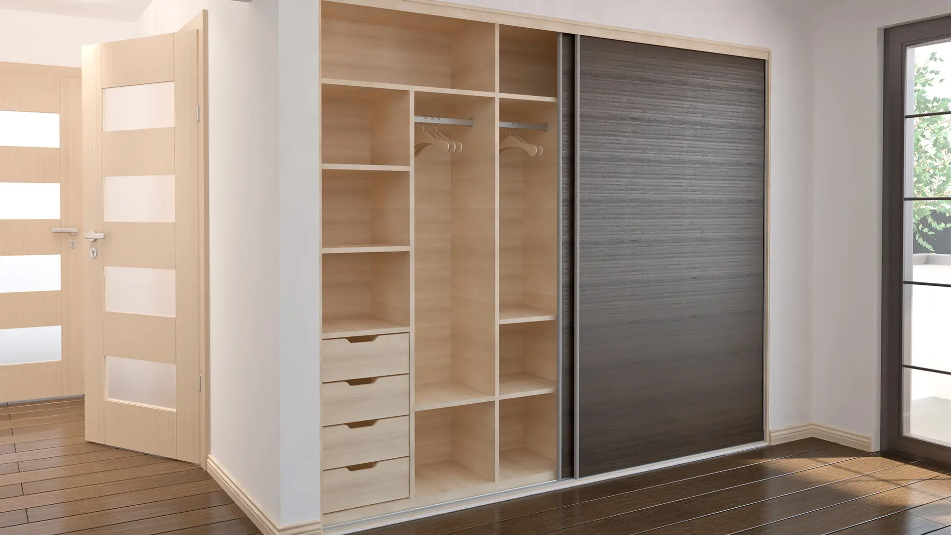 Offener holzähnlicher Schrank Offener holzähnlicher Schrank mit Schubladen und Schiebetüren